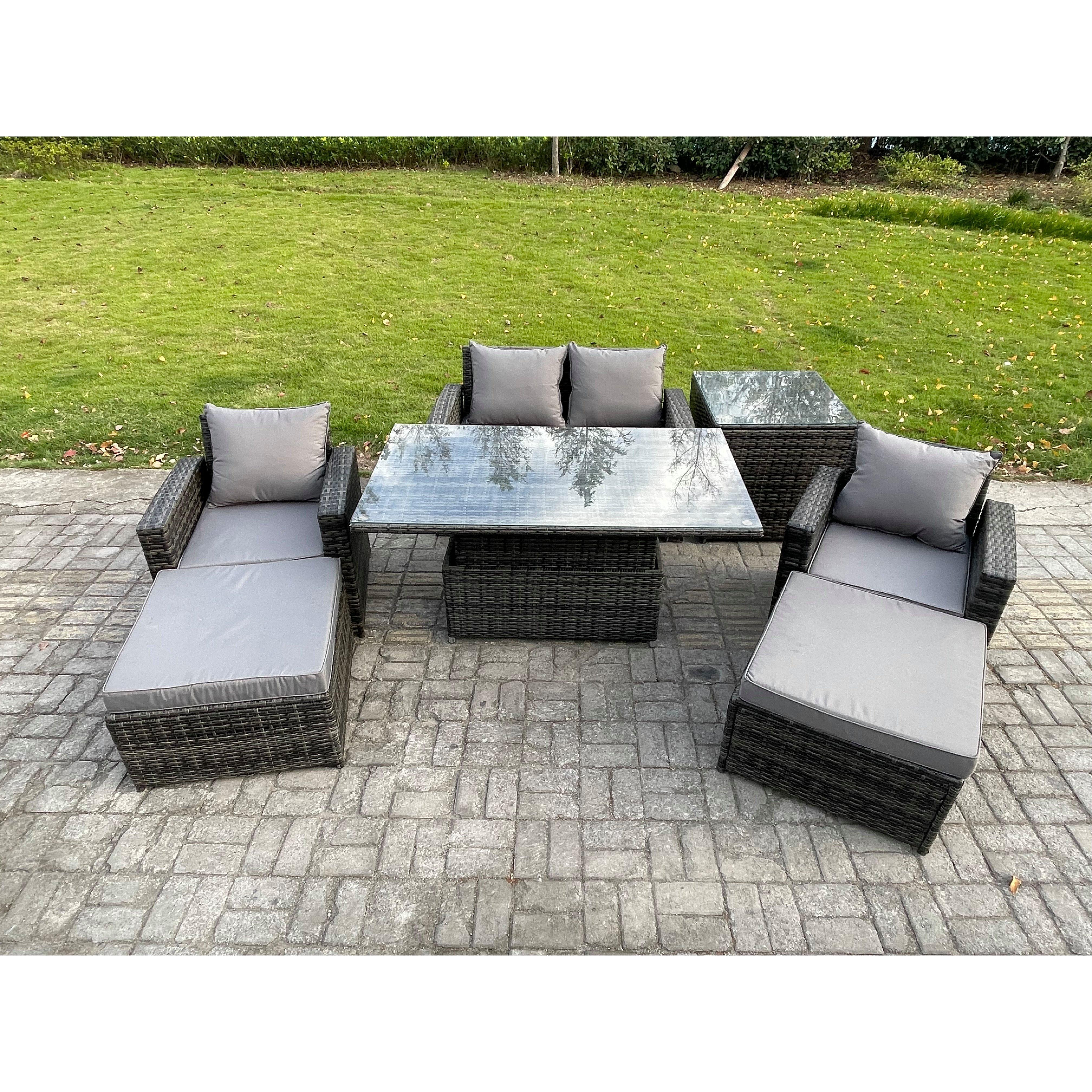 High Back Rattan Garden Furniture Sofa Sets with Height Adjustable Rising Lifting Table Side Table 2 Big Footstool - image 1