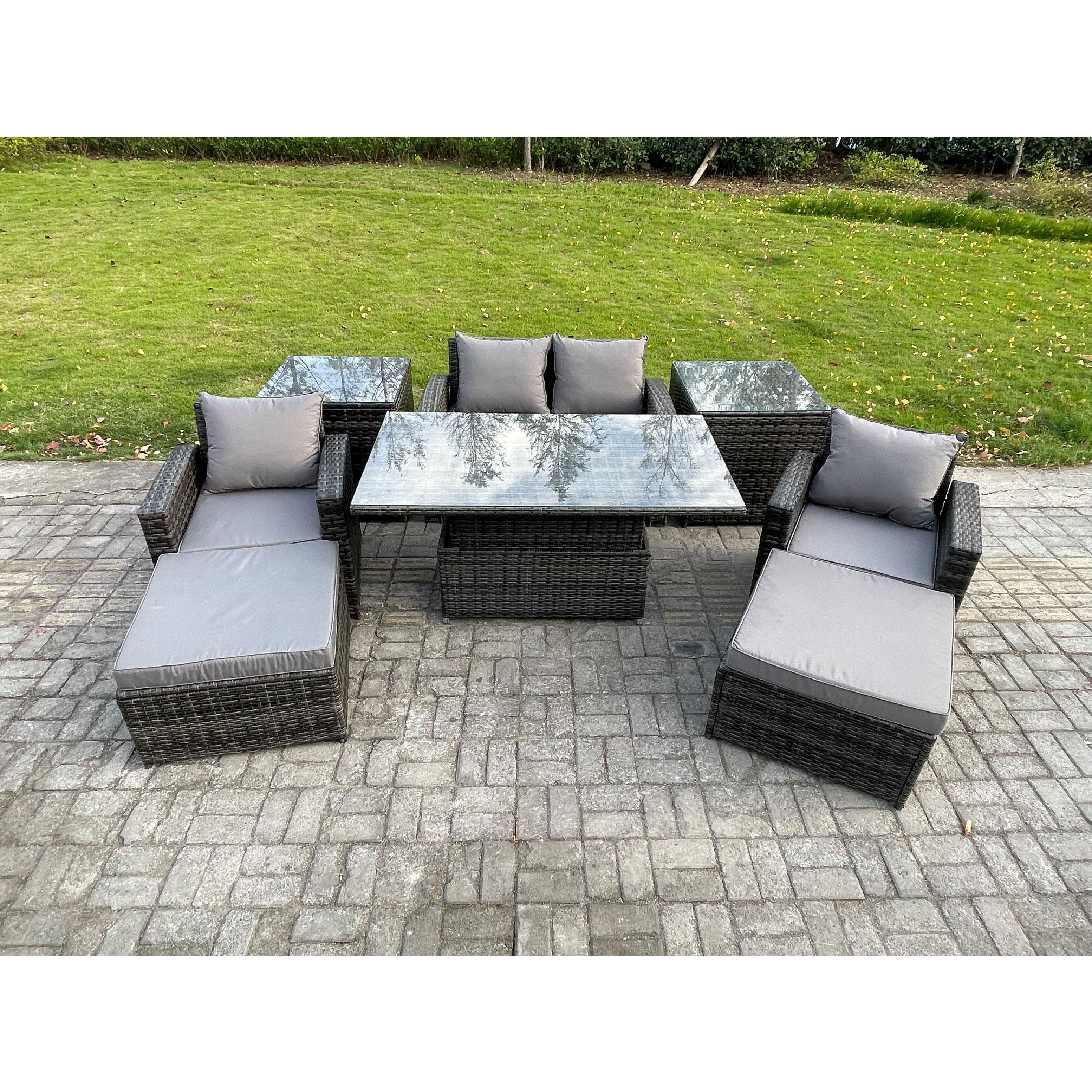 High Back Rattan Garden Furniture Sofa Sets with Height Adjustable Rising Lifting Table 2 Side Tables 2 Big Footstool - image 1