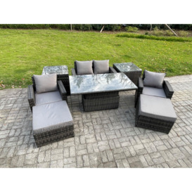 High Back Rattan Garden Furniture Sofa Sets with Height Adjustable Rising Lifting Table 2 Side Tables 2 Big Footstool - thumbnail 2