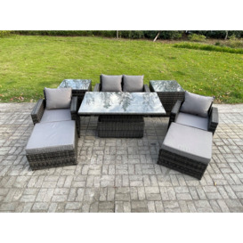 High Back Rattan Garden Furniture Sofa Sets with Height Adjustable Rising Lifting Table 2 Side Tables 2 Big Footstool