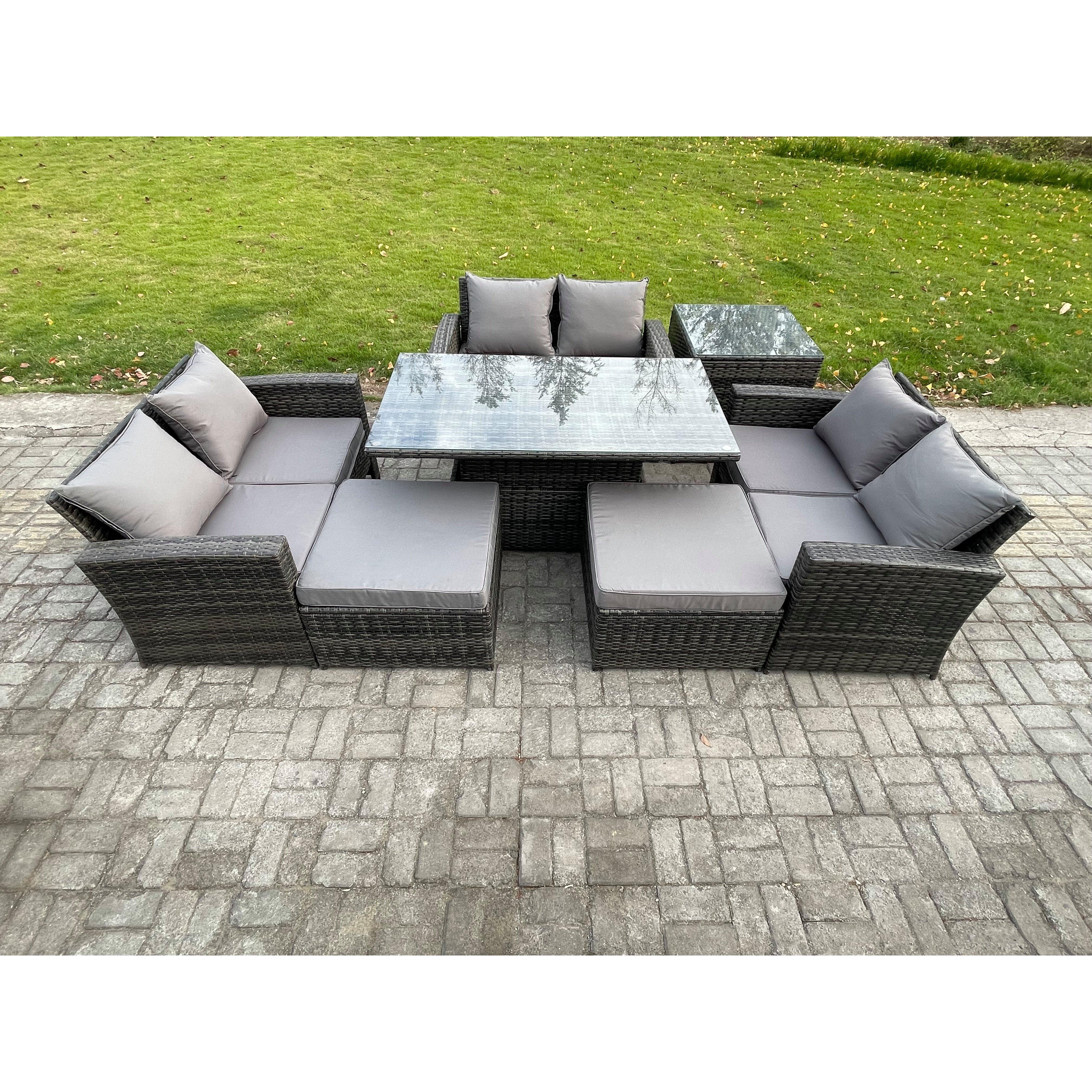 Wicker PE Rattan Garden Furniture Set Height Adjustable Rising Lifting Table Sofa Dining Set with 2 Big Footstool - image 1