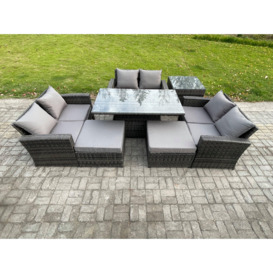 Wicker PE Rattan Garden Furniture Set Height Adjustable Rising Lifting Table Sofa Dining Set with 2 Big Footstool