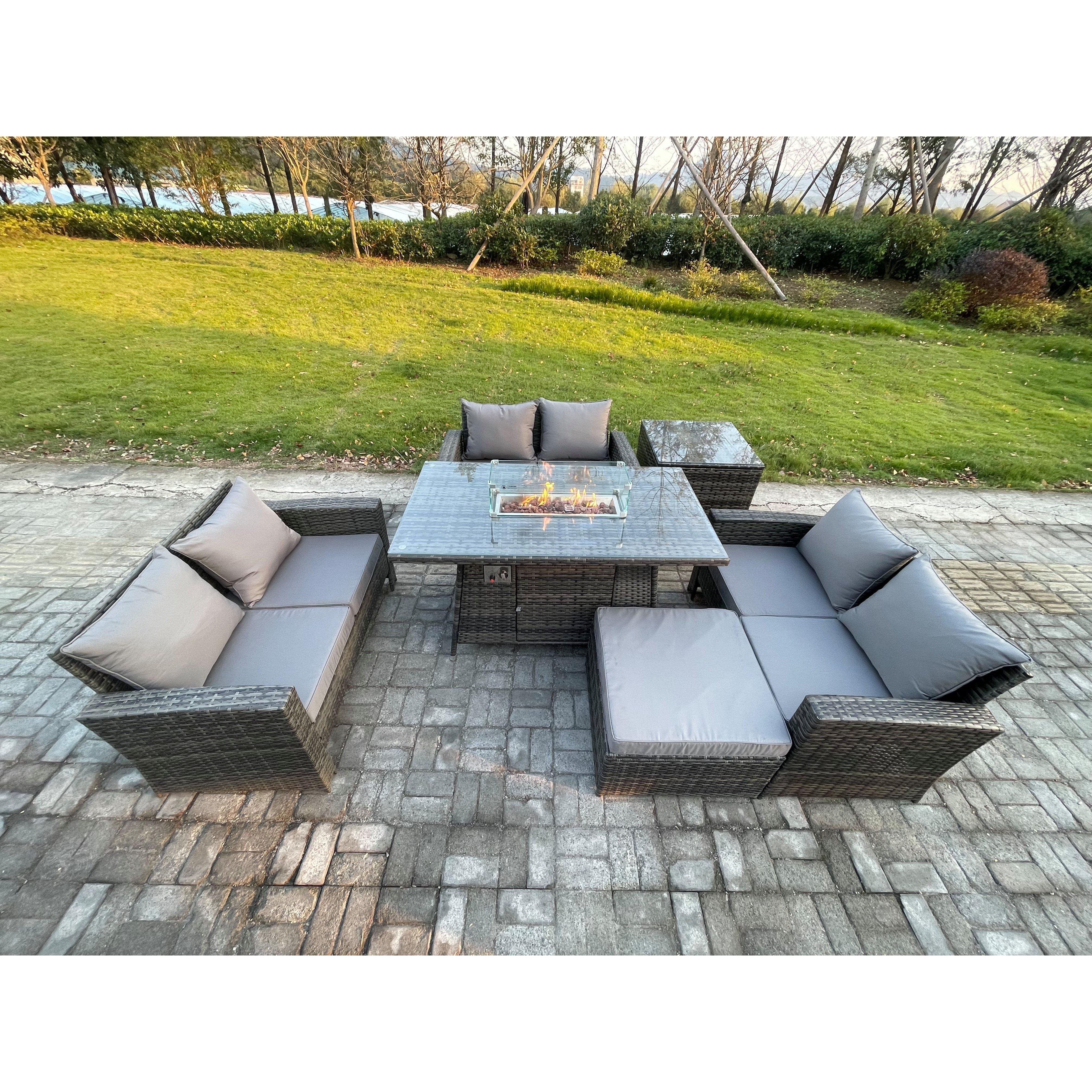 Outdoor Garden Dining Sets 7 Seater Rattan Patio Furniture Sofa Set with Gas Firepit Table Double Seat Sofa Side Table - image 1