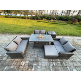 Outdoor Garden Dining Sets 7 Seater Rattan Patio Furniture Sofa Set with Gas Firepit Table Double Seat Sofa Side Table