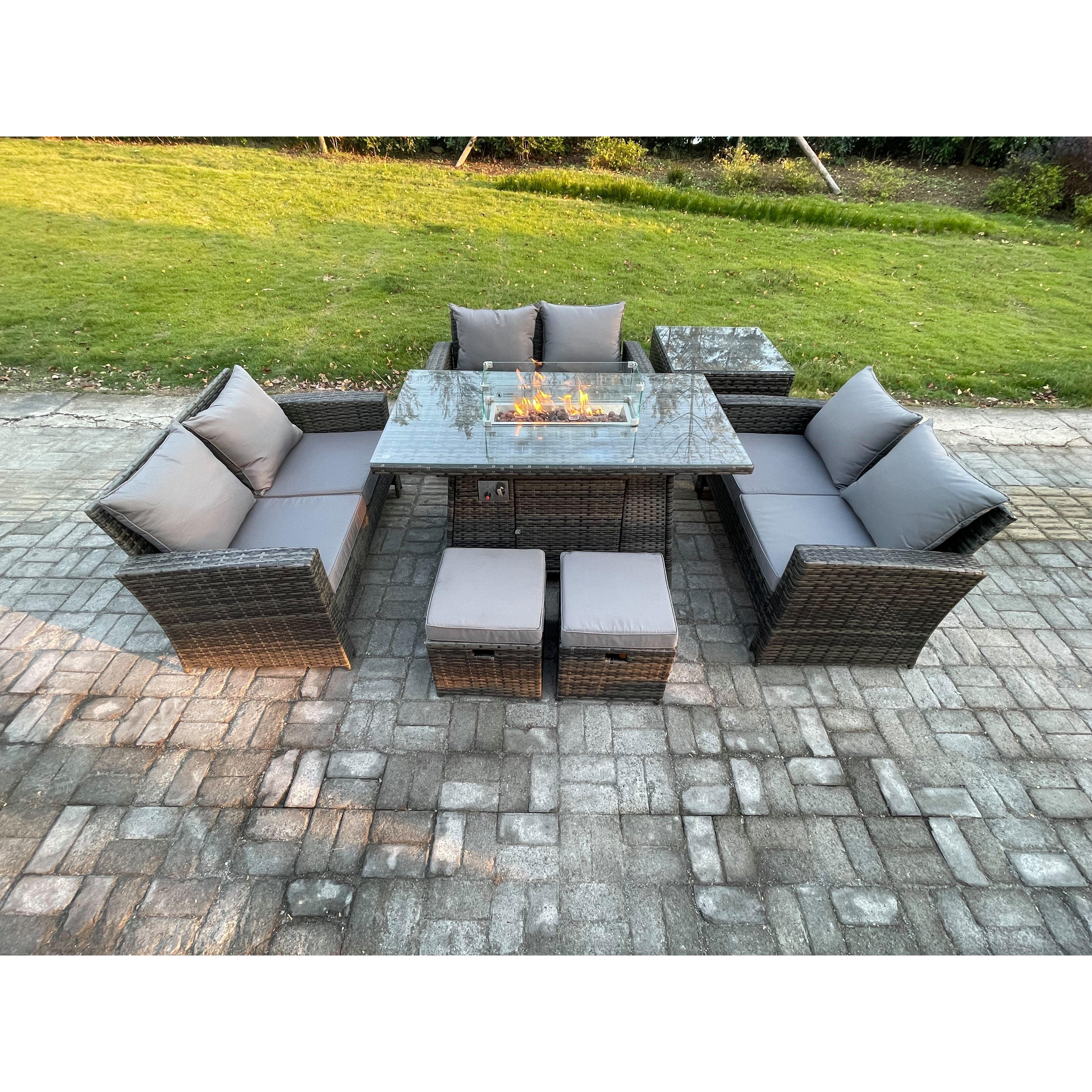 High Back Rattan Garden Furniture Sofa Sets with Outdoor Furniture Gas Firepit Dining Table Set Side Table 2 Small Footstools - image 1