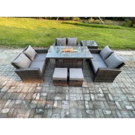 High Back Rattan Garden Furniture Sofa Sets with Outdoor Furniture Gas Firepit Dining Table Set Side Table 2 Small Footstools - thumbnail 1
