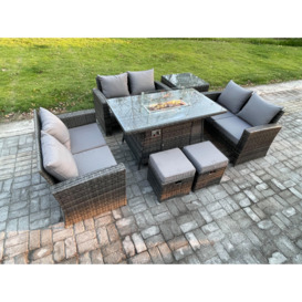 High Back Rattan Garden Furniture Sofa Sets with Outdoor Furniture Gas Firepit Dining Table Set Side Table 2 Small Footstools - thumbnail 2