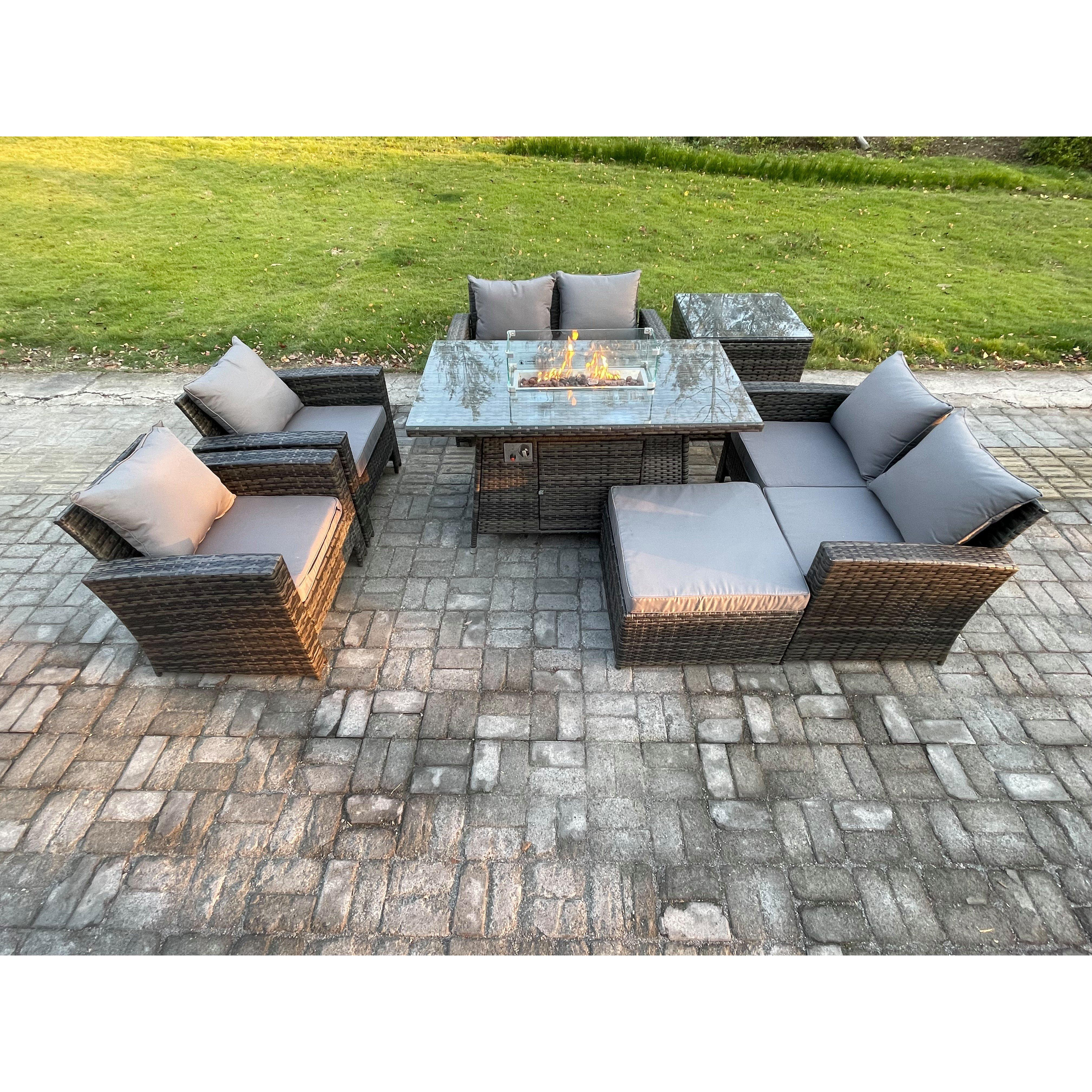 Wicker PE Rattan Garden Furniture Sets 7 Seater Patio Outdoor Gas Firepit Dining Table Heater Set with Double Seat Sofa - image 1