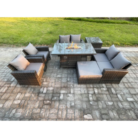 Wicker PE Rattan Garden Furniture Sets 7 Seater Patio Outdoor Gas Firepit Dining Table Heater Set with Double Seat Sofa - thumbnail 1