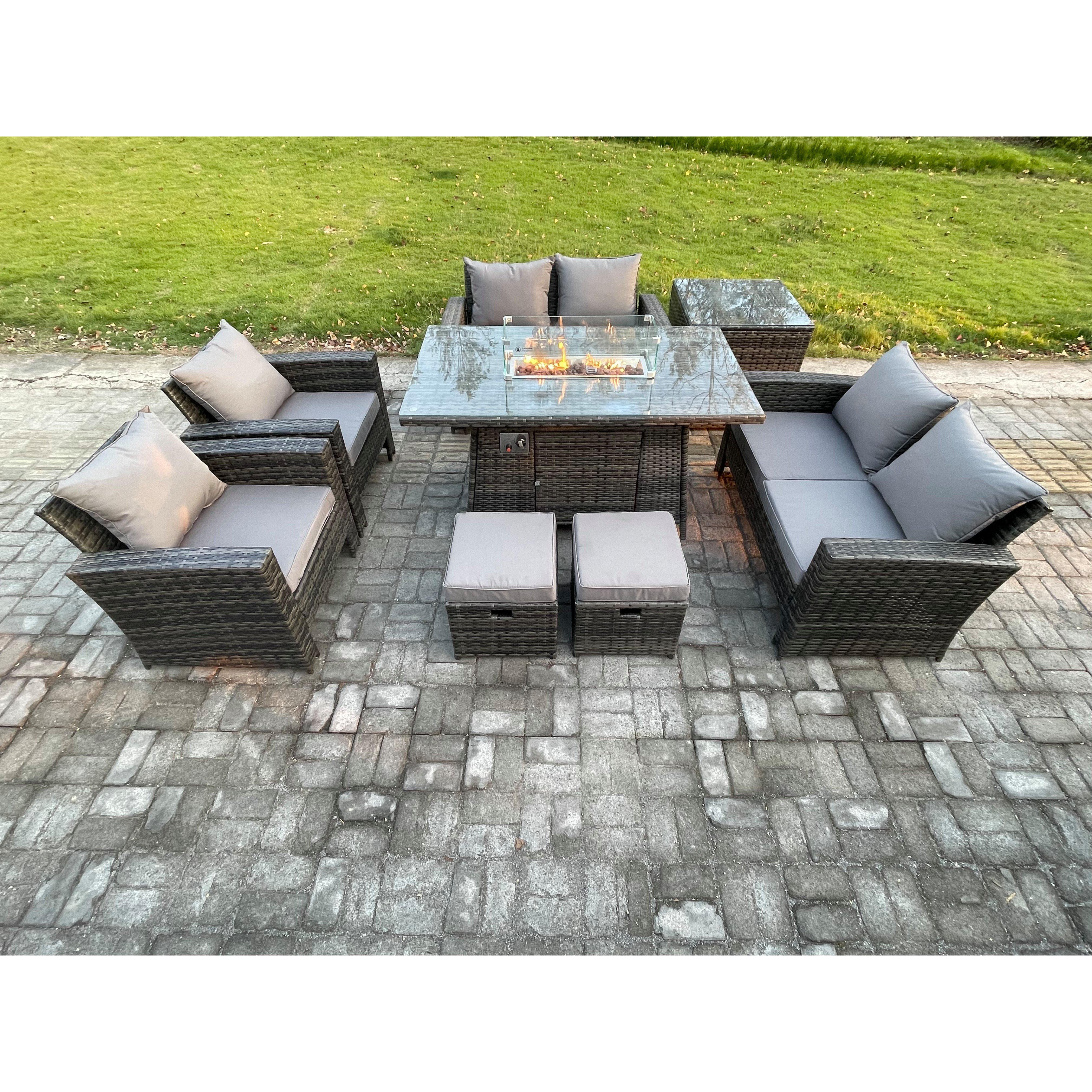 Wicker PE Rattan Garden Furniture Sets 8 Seater Patio Outdoor Gas Firepit Dining Table Heater Set with Double Seat Sofa - image 1