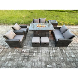 Wicker PE Rattan Garden Furniture Sets 8 Seater Patio Outdoor Gas Firepit Dining Table Heater Set with Double Seat Sofa