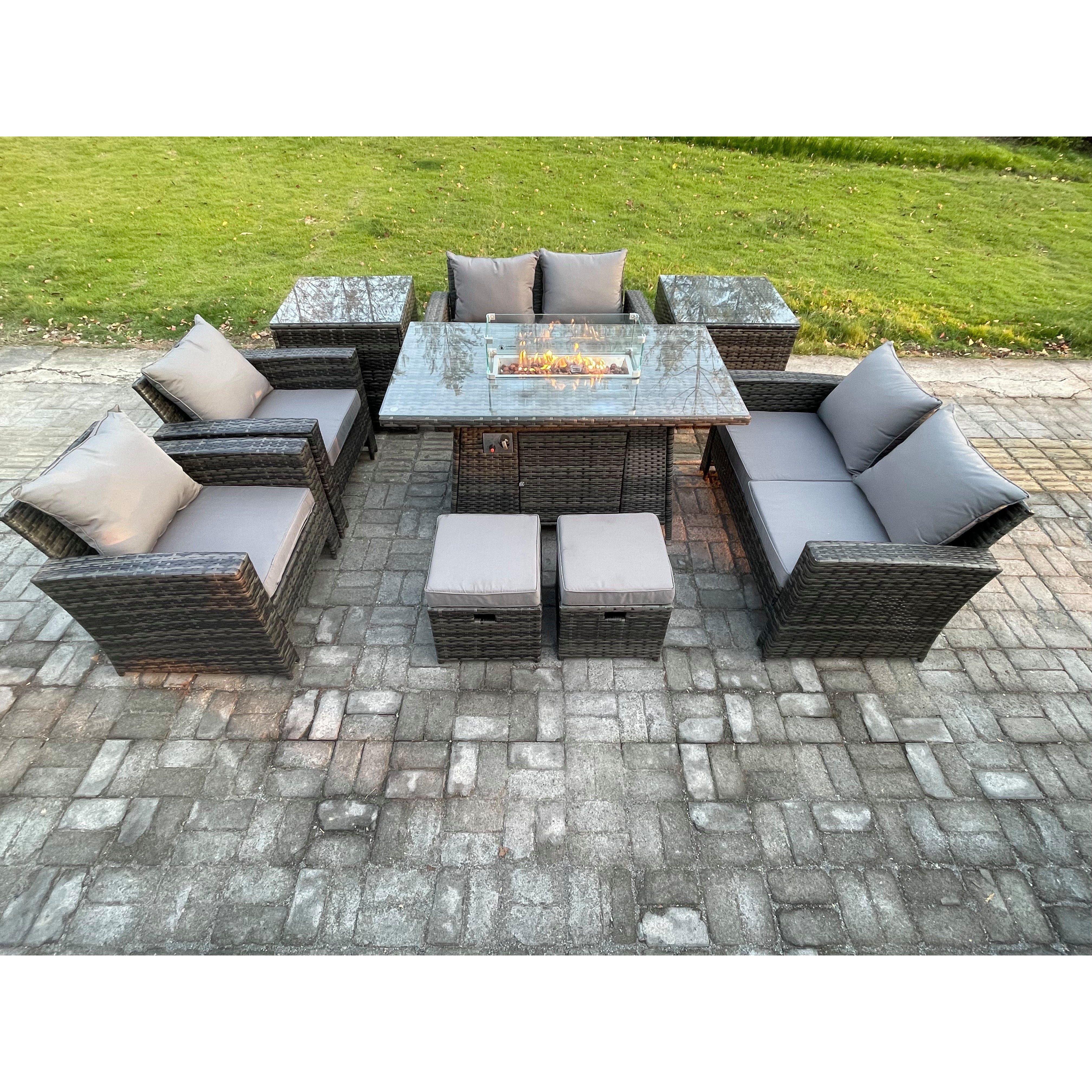 Outdoor Garden Furniture Sets 9 Pieces Wicker Rattan Furniture Gas Firepit Dining Table Sofa Set with 2 Small Footstools - image 1