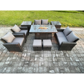 Outdoor Garden Furniture Sets 9 Pieces Wicker Rattan Furniture Gas Firepit Dining Table Sofa Set with 2 Small Footstools - thumbnail 1