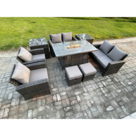 Outdoor Garden Furniture Sets 9 Pieces Wicker Rattan Furniture Gas Firepit Dining Table Sofa Set with 2 Small Footstools - thumbnail 2
