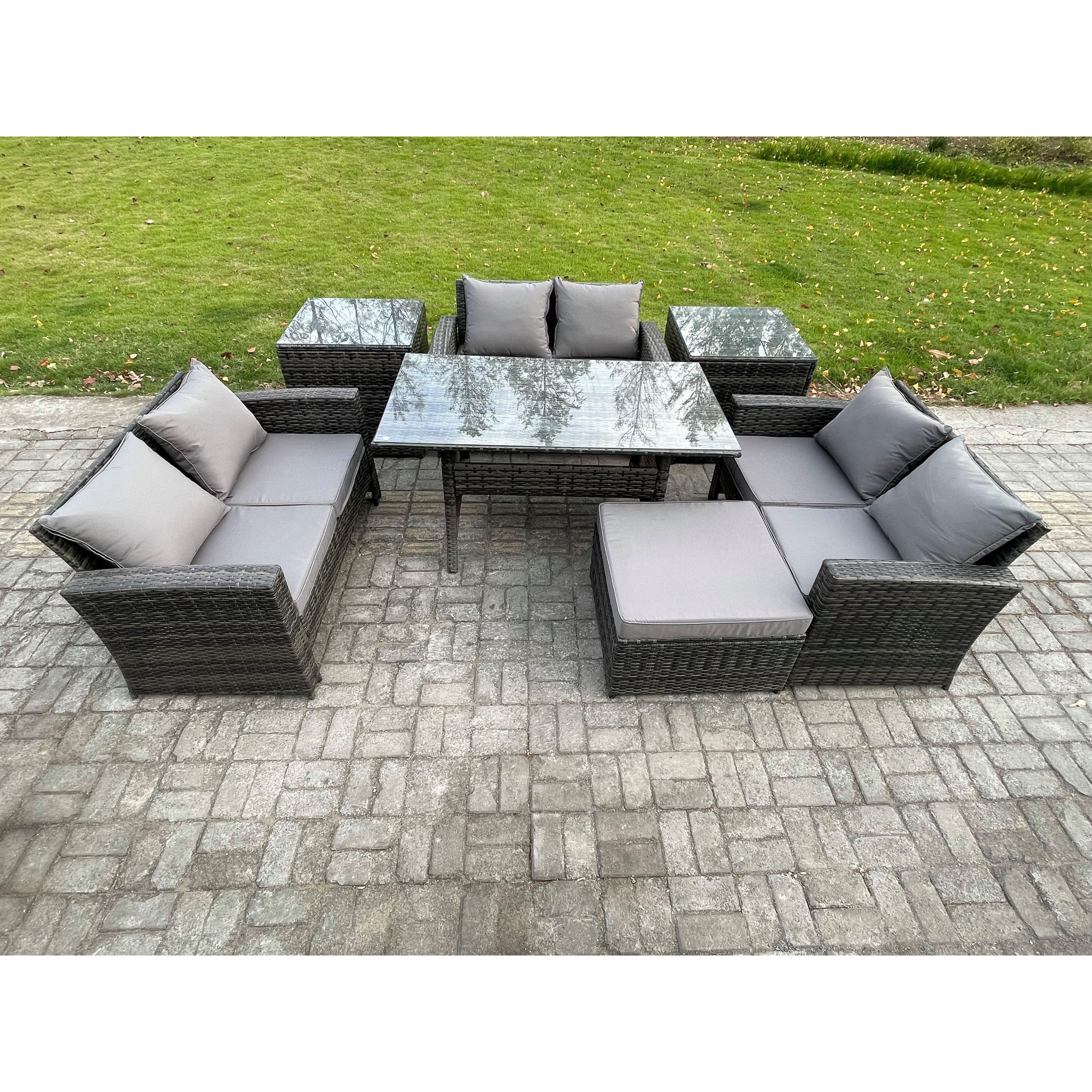 Wicker PE Rattan Garden Furniture Sets Outdoor Lounge Sofa Set with Oblong Dining Table Double Seat Sofa 2 Side Tables - image 1