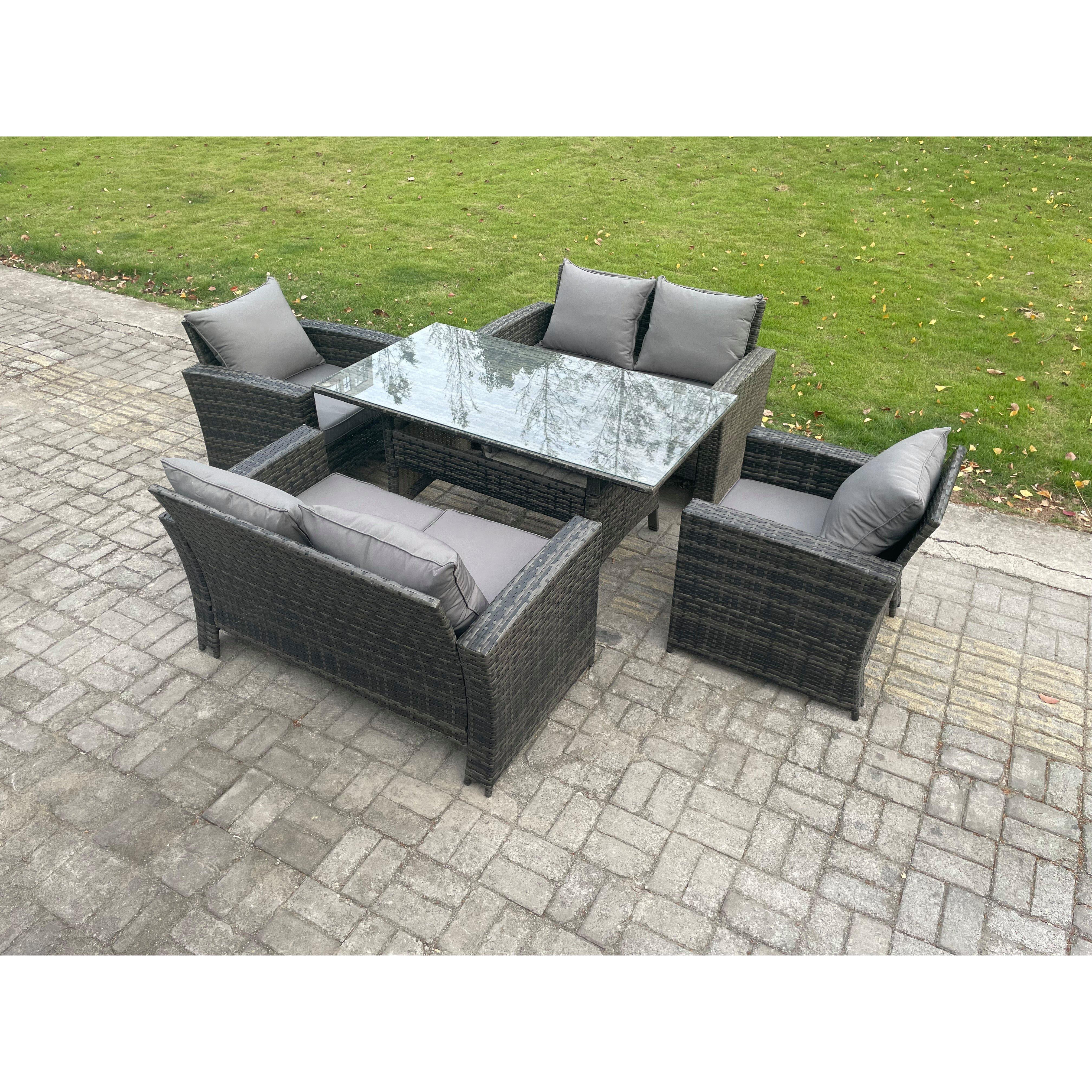 Rattan Garden Furniture Set 6 Seater Patio Outdoor Lounge Sofa Set with Oblong Dining Table Double Seat Sofa Dark Grey - image 1