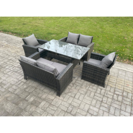 Rattan Garden Furniture Set 6 Seater Patio Outdoor Lounge Sofa Set with Oblong Dining Table Double Seat Sofa Dark Grey
