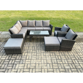 Outdoor Furniture Garden Dining Set Rattan Corner Sofa Set with 2 Armchairs 2 Big Footstool Dark Grey Mixed