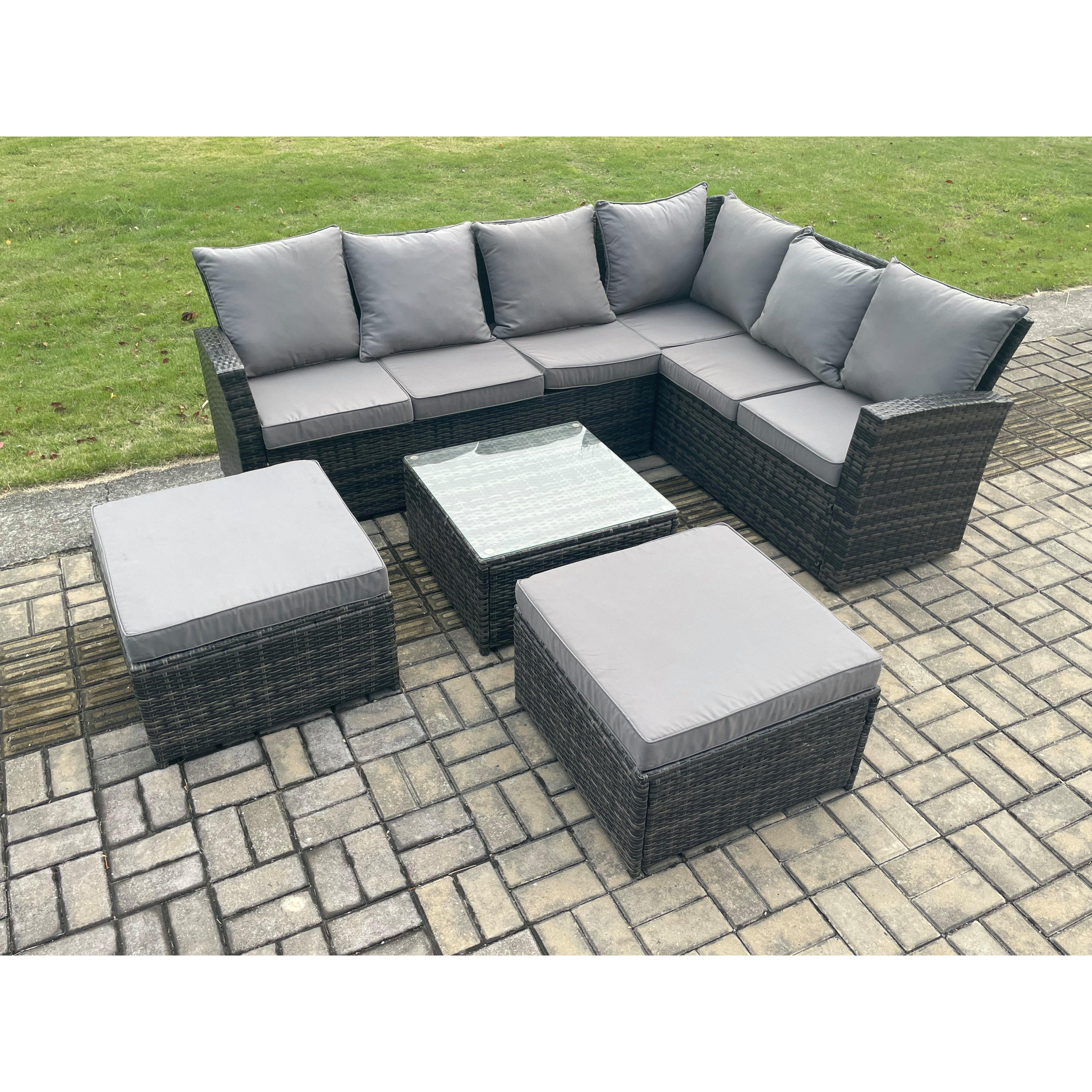 8 Seater Wicker PE Outdoor Garden Furniture Set High Back Rattan Corner Sofa Set with 2 Big Footstool Square Coffee Table - image 1