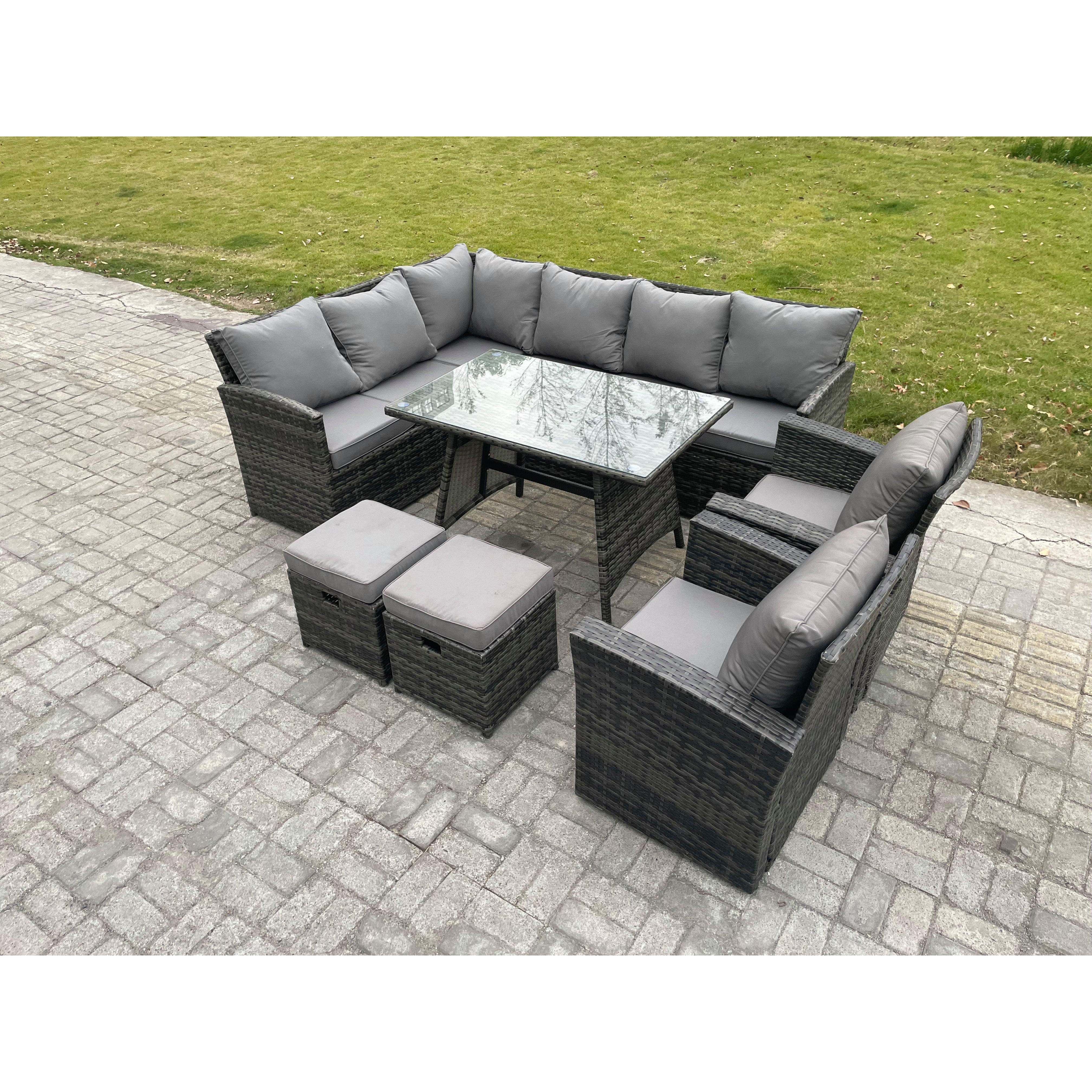 Rattan Garden Furniture Corner Sofa Set with Oblong Dining Table 2 Small Footstools 2 Armchairs - image 1