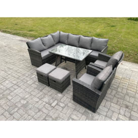 Rattan Garden Furniture Corner Sofa Set with Oblong Dining Table 2 Small Footstools 2 Armchairs - thumbnail 1