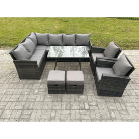 Rattan Garden Furniture Corner Sofa Set with Oblong Dining Table 2 Small Footstools 2 Armchairs - thumbnail 3