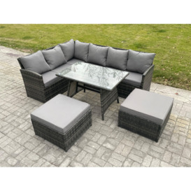 Rattan Garden Furniture Corner Sofa Set with Oblong Dining Table 2 Big Footstool Outdoor Wicker Rattan Set