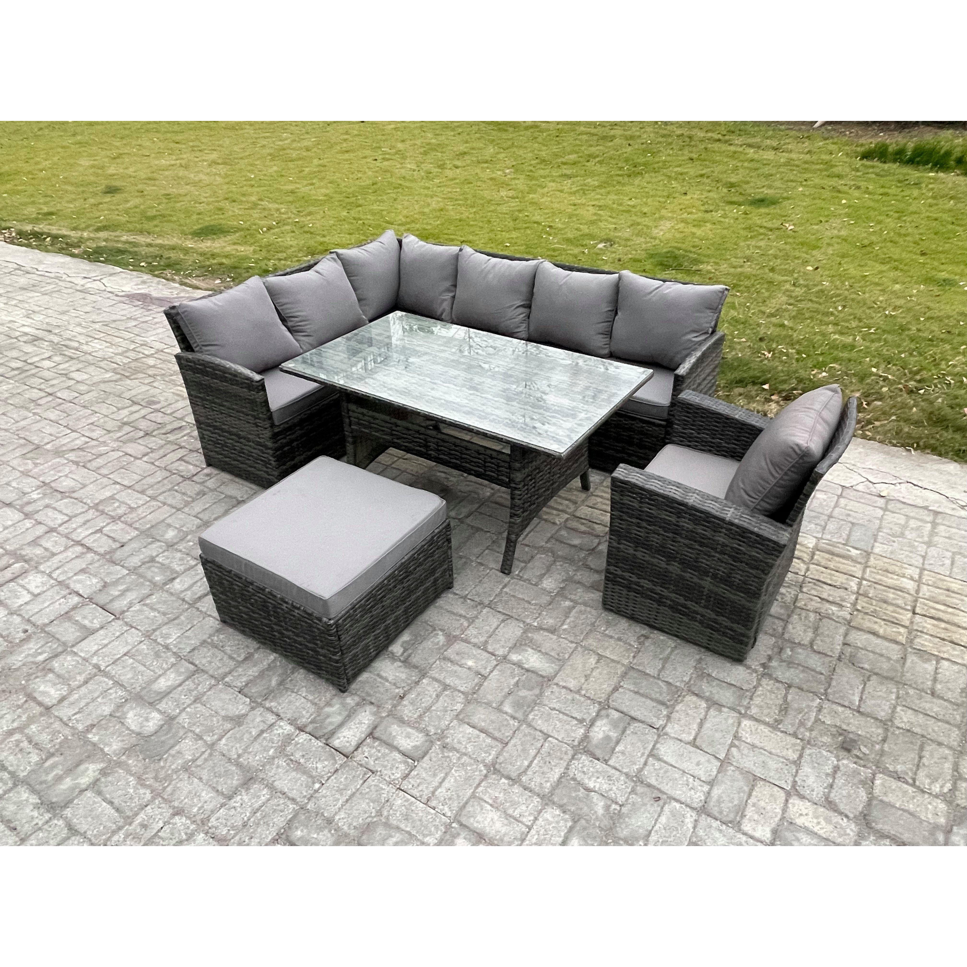 8 Seater Outdoor Rattan Garden Furniture Set with Rectangular Dining Table Big Footstool Armchair Patio Corner Sofa Set - image 1