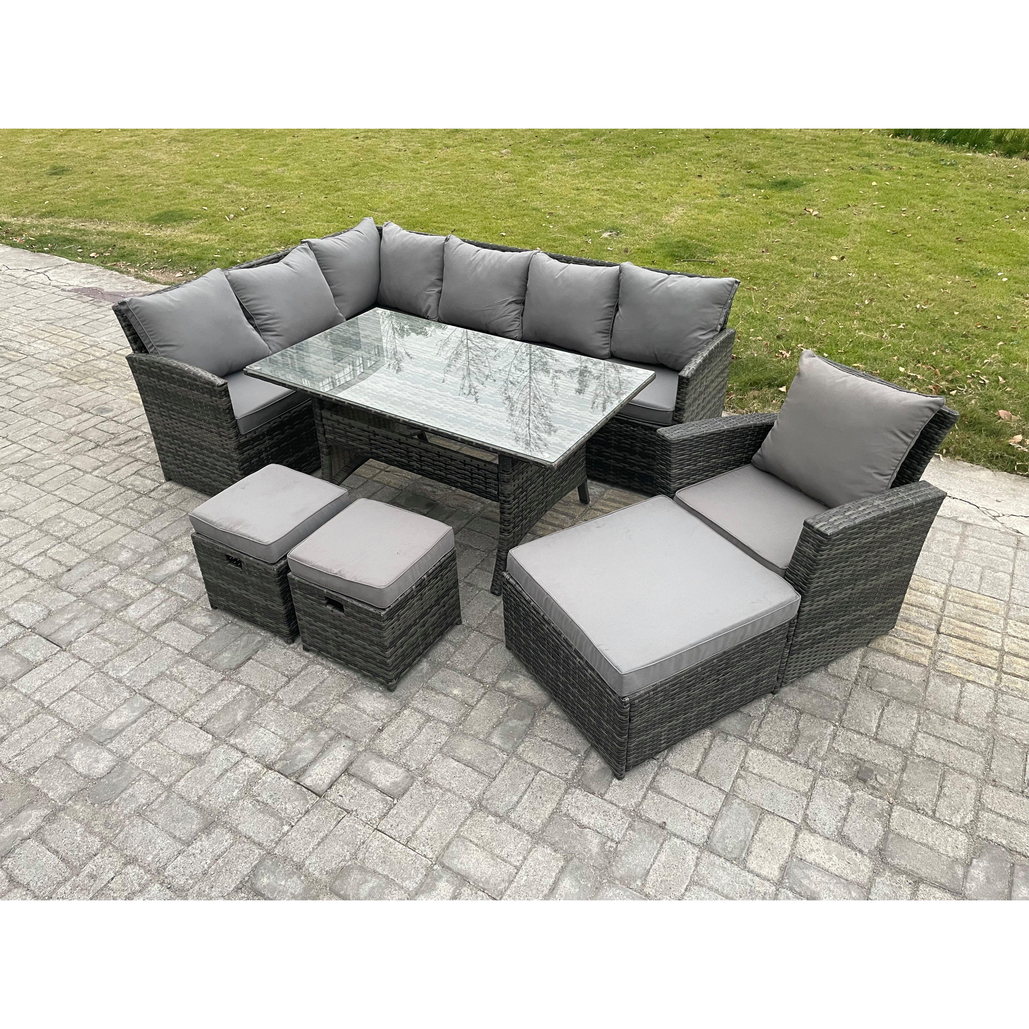 10 Seater Outdoor Rattan Garden Furniture Set with Rectangular Dining Table 3 Footstool Armchiar Wicker Corner Sofa Set - image 1