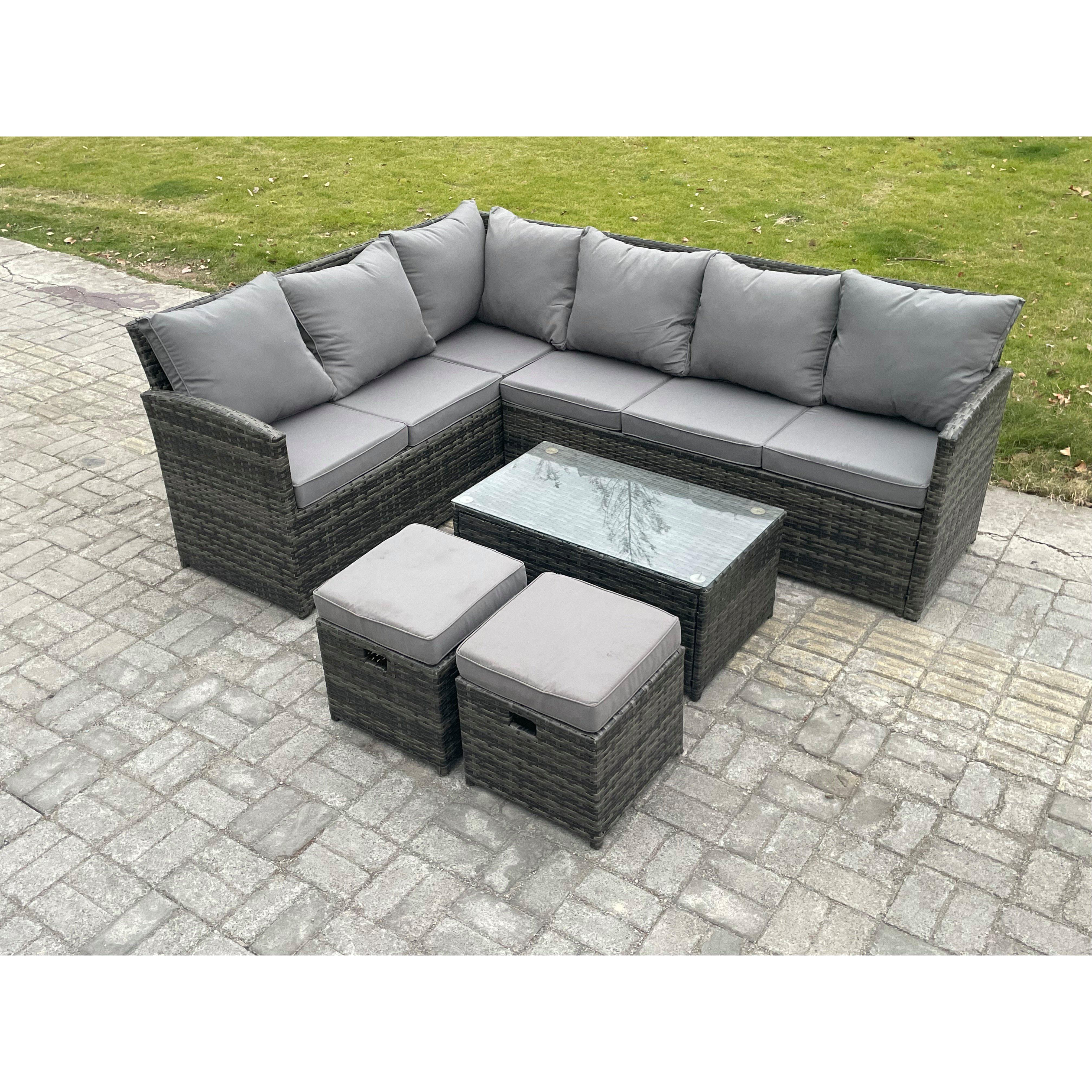 Rattan Lounge Corner Sofa Set Wicker Outdoor Garden Furniture Set with Rectangular Coffee Table 2 Small Footstools - image 1
