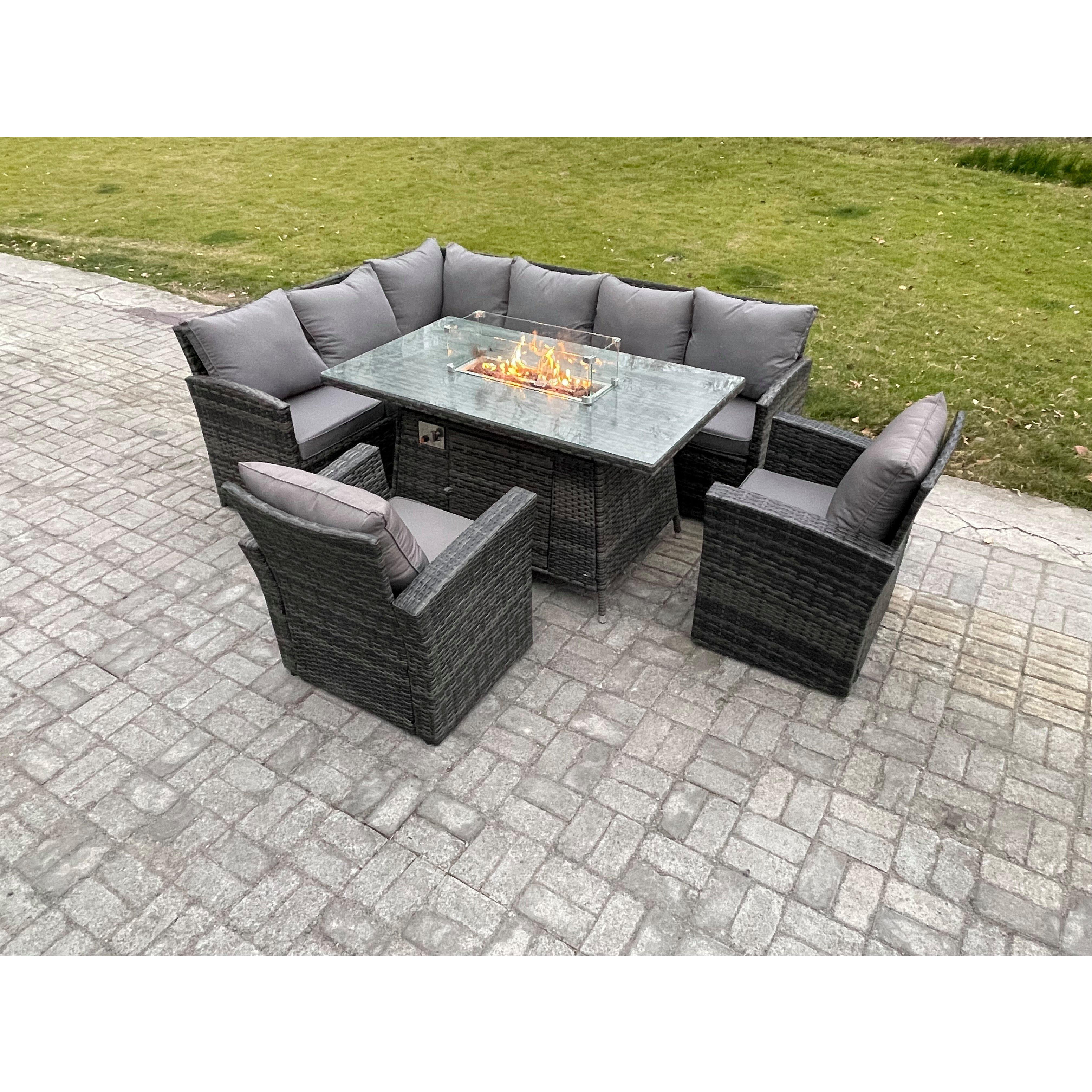 Rattan Garden Furniture High Back Corner Sofa Gas Fire Pit Dining Table Sets Gas Heater with 2 Armchairs 8 Seater - image 1