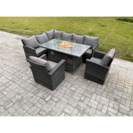 Rattan Garden Furniture High Back Corner Sofa Gas Fire Pit Dining Table Sets Gas Heater with 2 Armchairs 8 Seater