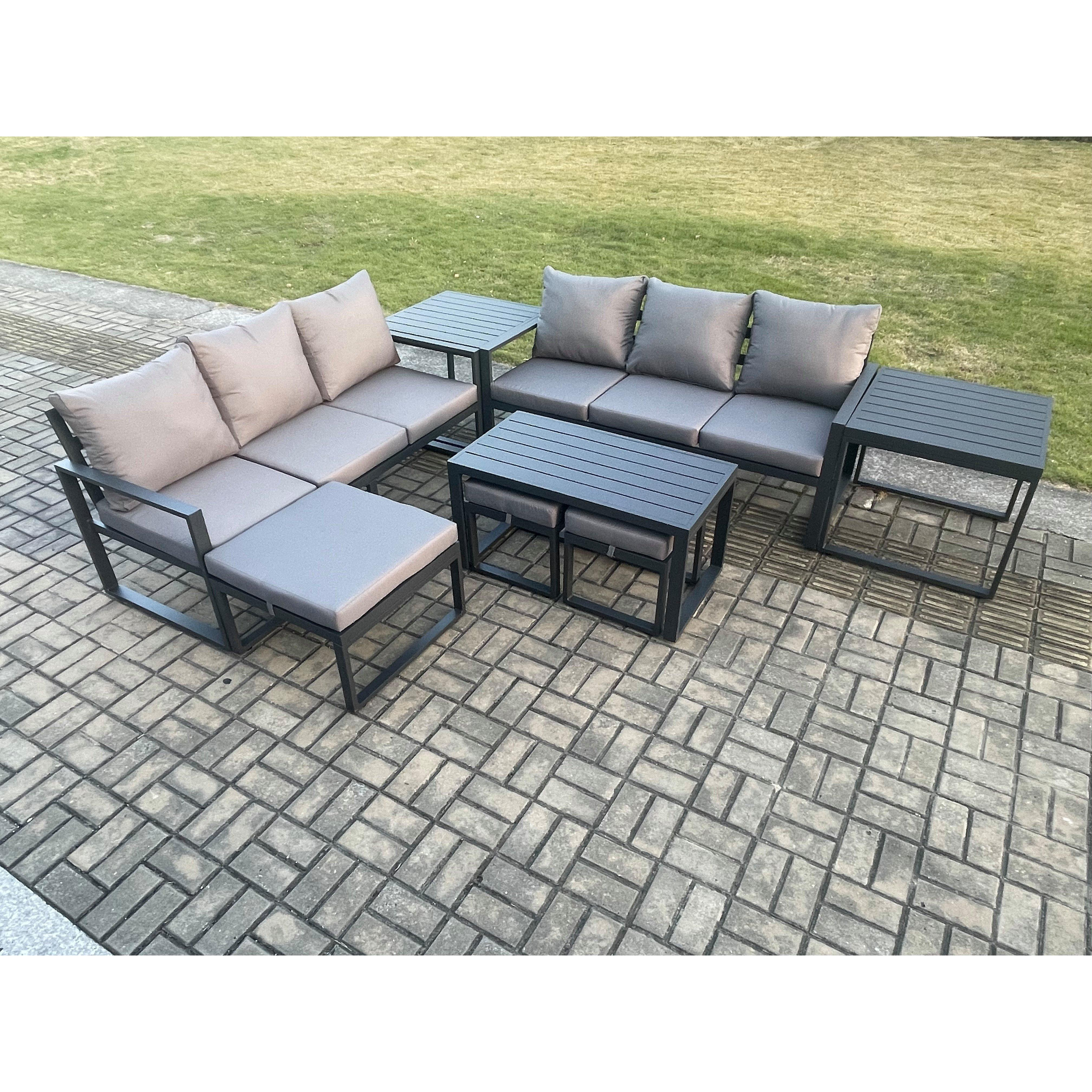 Aluminium 9 Seater Garden Furniture Outdoor Patio Sofa Set with Rectangular Coffee Table 3 Footstools 2 Side Tables Dark Grey - image 1