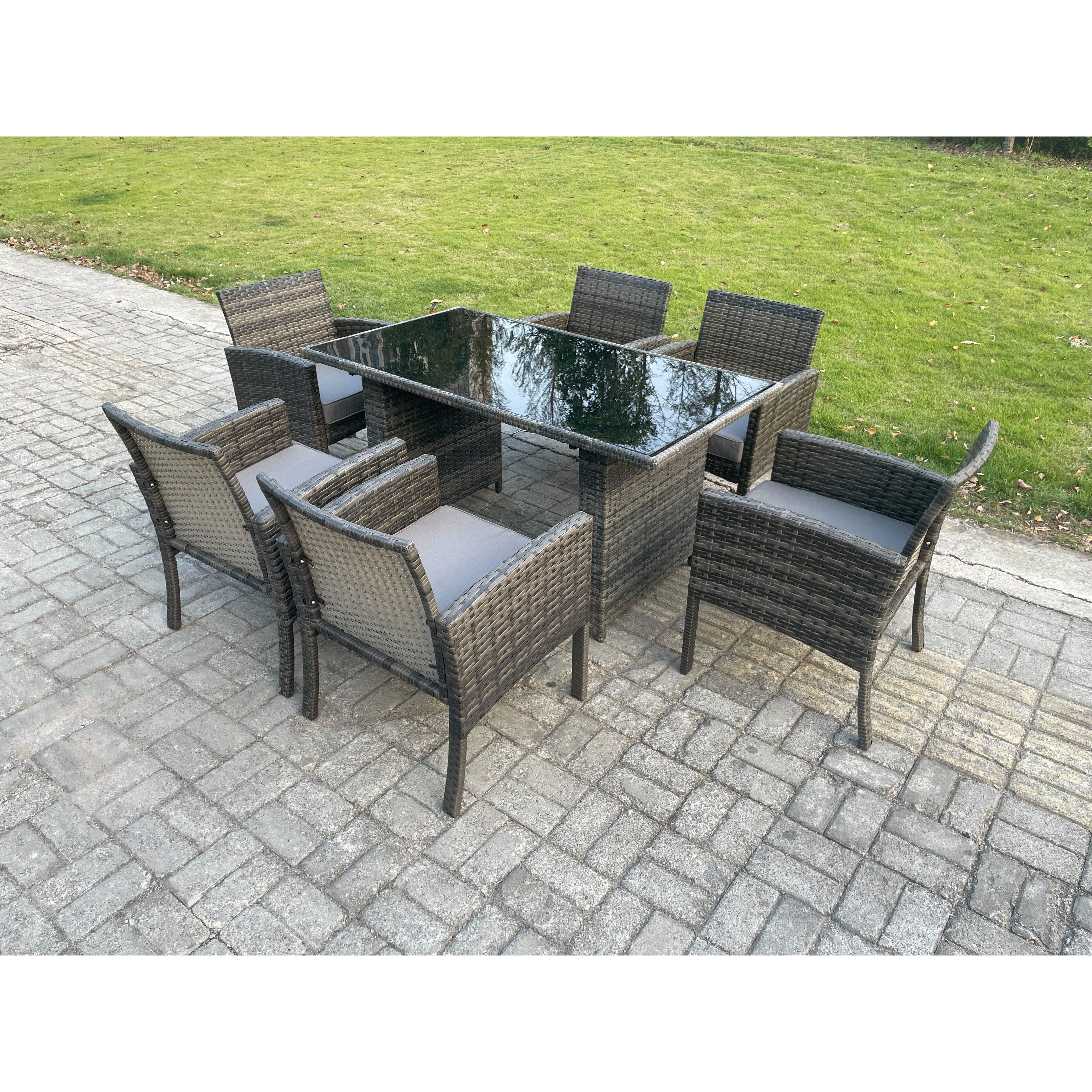 Wicker PE Outdoor Rattan Garden Furniture Arm Chair And Table Dining Sets 6 Seater Rectangular Table Dark Grey Mixed - image 1