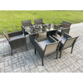 Wicker PE Outdoor Rattan Garden Furniture Arm Chair And Table Dining Sets 6 Seater Rectangular Table Dark Grey Mixed - thumbnail 3