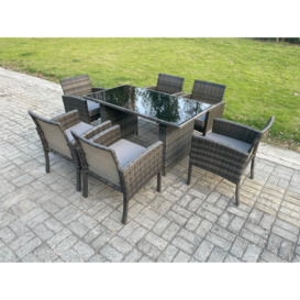 Wicker PE Outdoor Rattan Garden Furniture Arm Chair And Table Dining Sets 6 Seater Rectangular Table Dark Grey Mixed - thumbnail 1