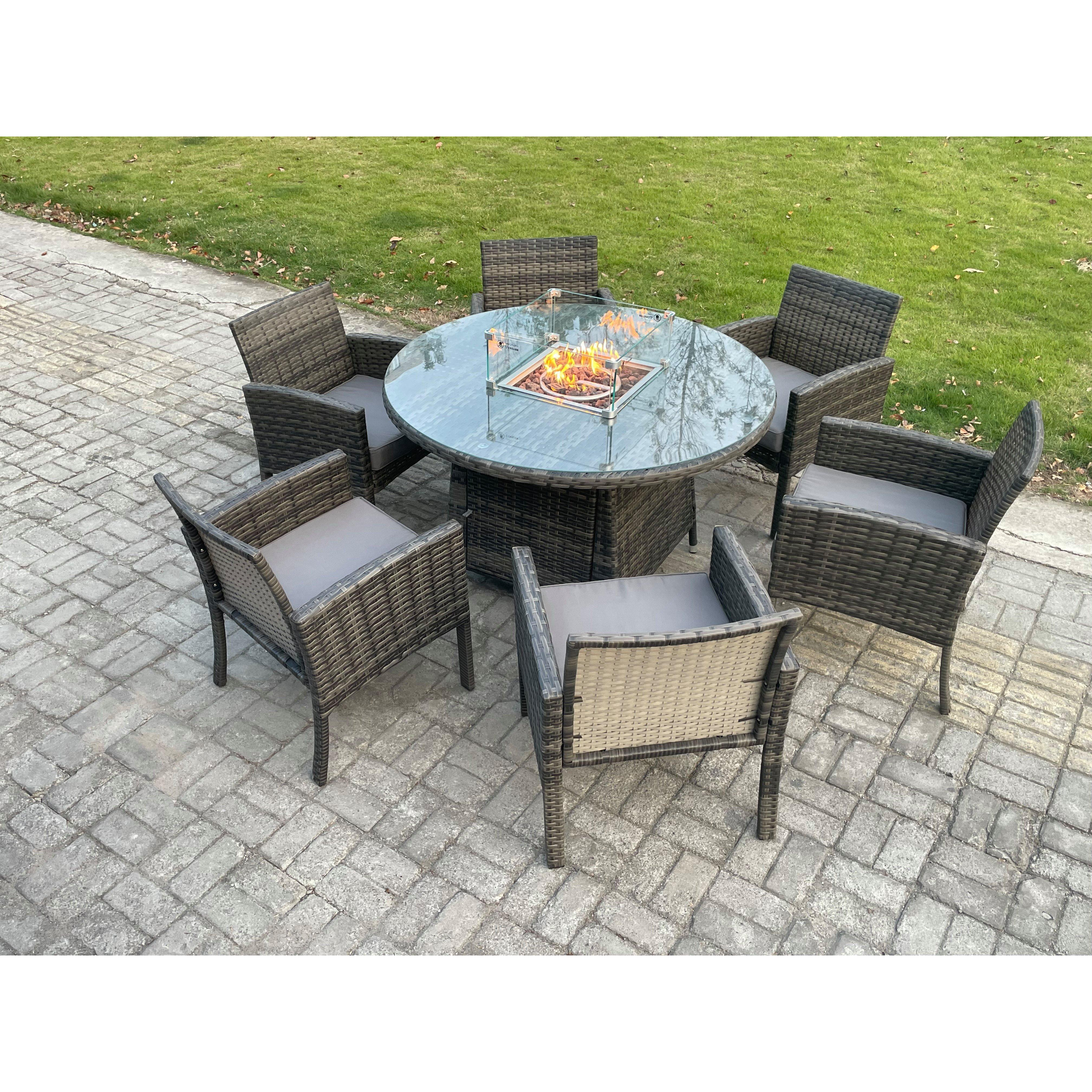 Outdoor Rattan Garden Furniture Set Gas Fire Pit Round Table Sets Gas Heater with 6 Seater Dining Chairs Dark Grey Mixed - image 1