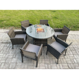 Outdoor Rattan Garden Furniture Set Gas Fire Pit Round Table Sets Gas Heater with 6 Seater Dining Chairs Dark Grey Mixed - thumbnail 2