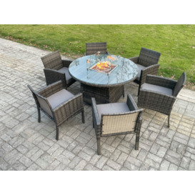 Outdoor Rattan Garden Furniture Set Gas Fire Pit Round Table Sets Gas Heater with 6 Seater Dining Chairs Dark Grey Mixed