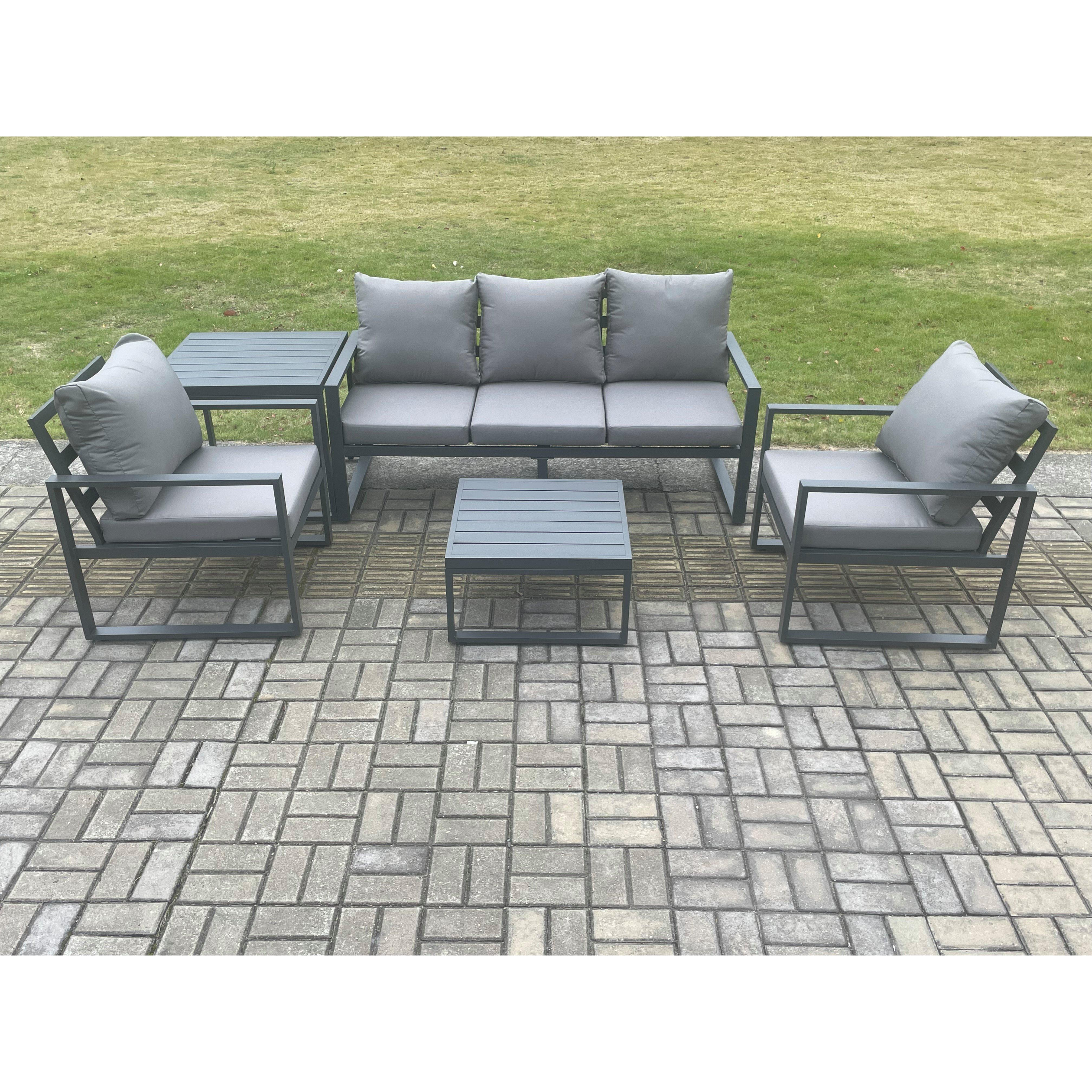 Aluminium Outdoor Garden Furniture Set Lounge Sofa 2 PC Chairs Square Coffee Table Sets with Side Table Dark Grey - image 1
