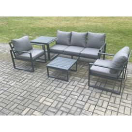Aluminium Outdoor Garden Furniture Set Lounge Sofa 2 PC Chairs Square Coffee Table Sets with Side Table Dark Grey - thumbnail 2