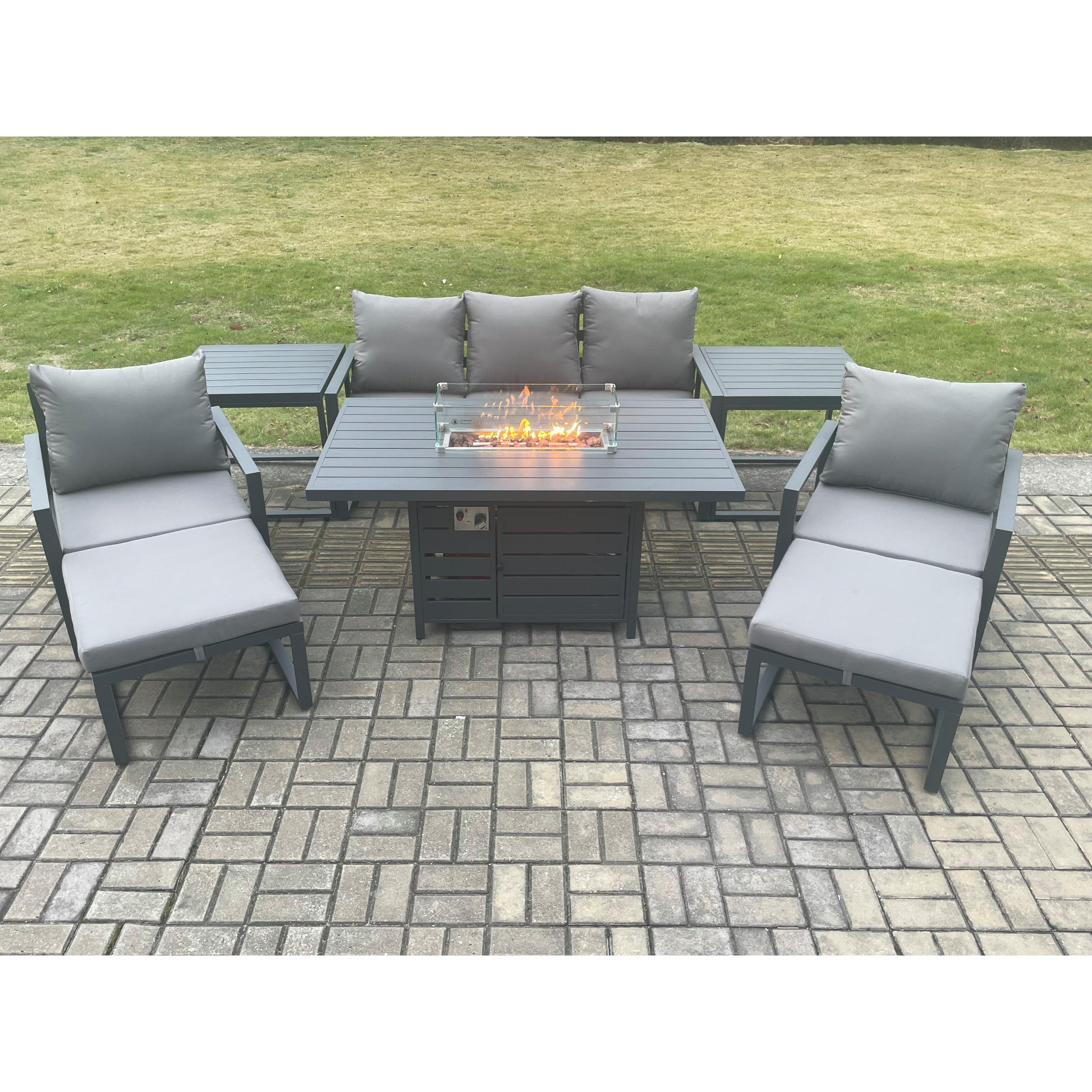 Aluminium Patio Outdoor Garden Furniture Lounge Sofa Set Gas Fire Pit Dining Table with 2 Side Tables 2 Big Footstools Dark Grey - image 1