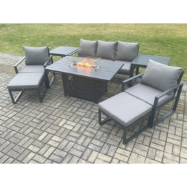 Aluminium Patio Outdoor Garden Furniture Lounge Sofa Set Gas Fire Pit Dining Table with 2 Side Tables 2 Big Footstools Dark Grey - thumbnail 2