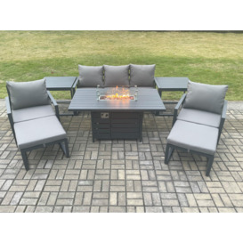 Aluminium Patio Outdoor Garden Furniture Lounge Sofa Set Gas Fire Pit Dining Table with 2 Side Tables 2 Big Footstools Dark Grey