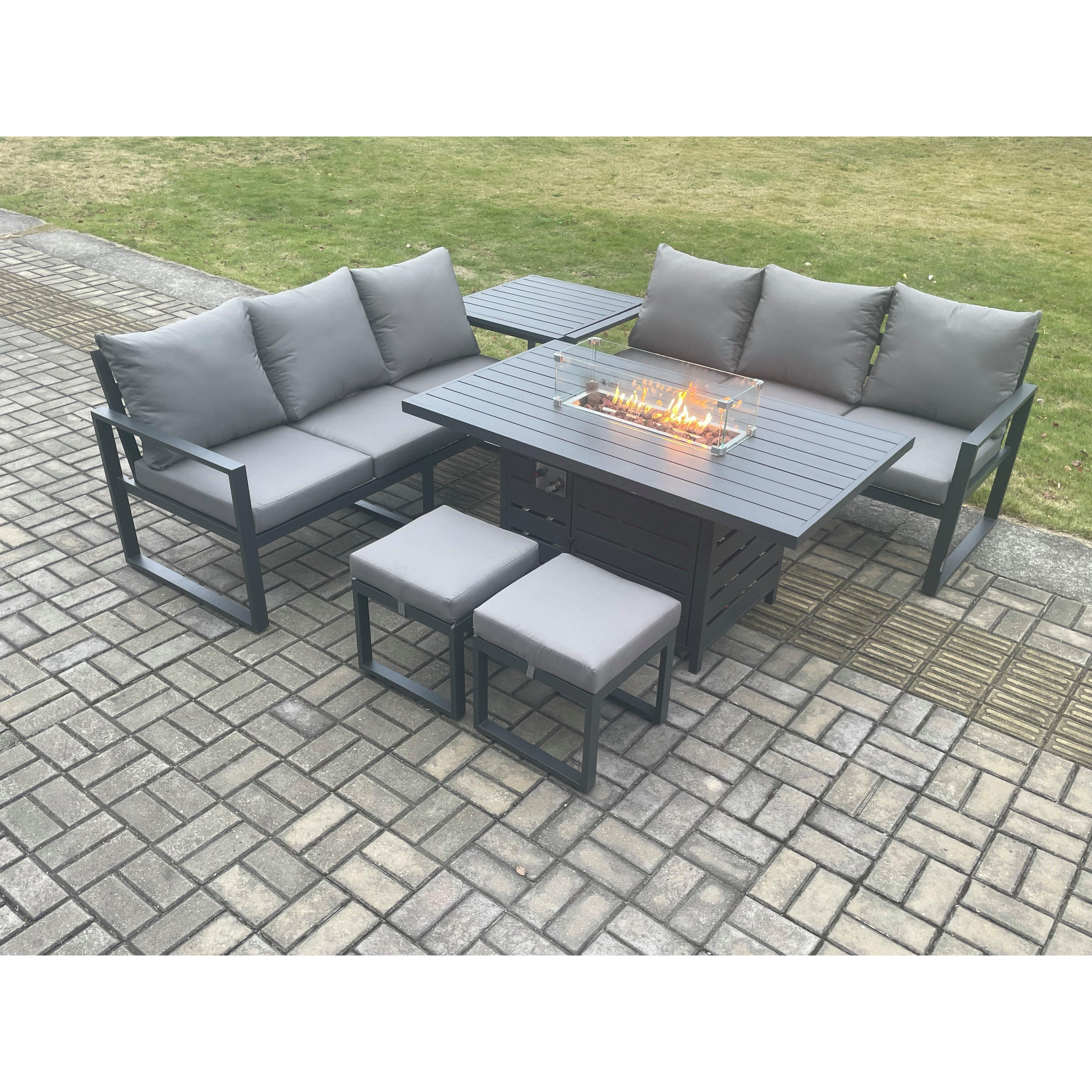 Aluminium 8 Seater Outdoor Garden Furniture Lounge Sofa Set Gas Fire Pit Dining Table with 2 Small Footstools - image 1