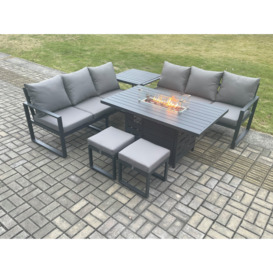 Aluminium 8 Seater Outdoor Garden Furniture Lounge Sofa Set Gas Fire Pit Dining Table with 2 Small Footstools - thumbnail 1