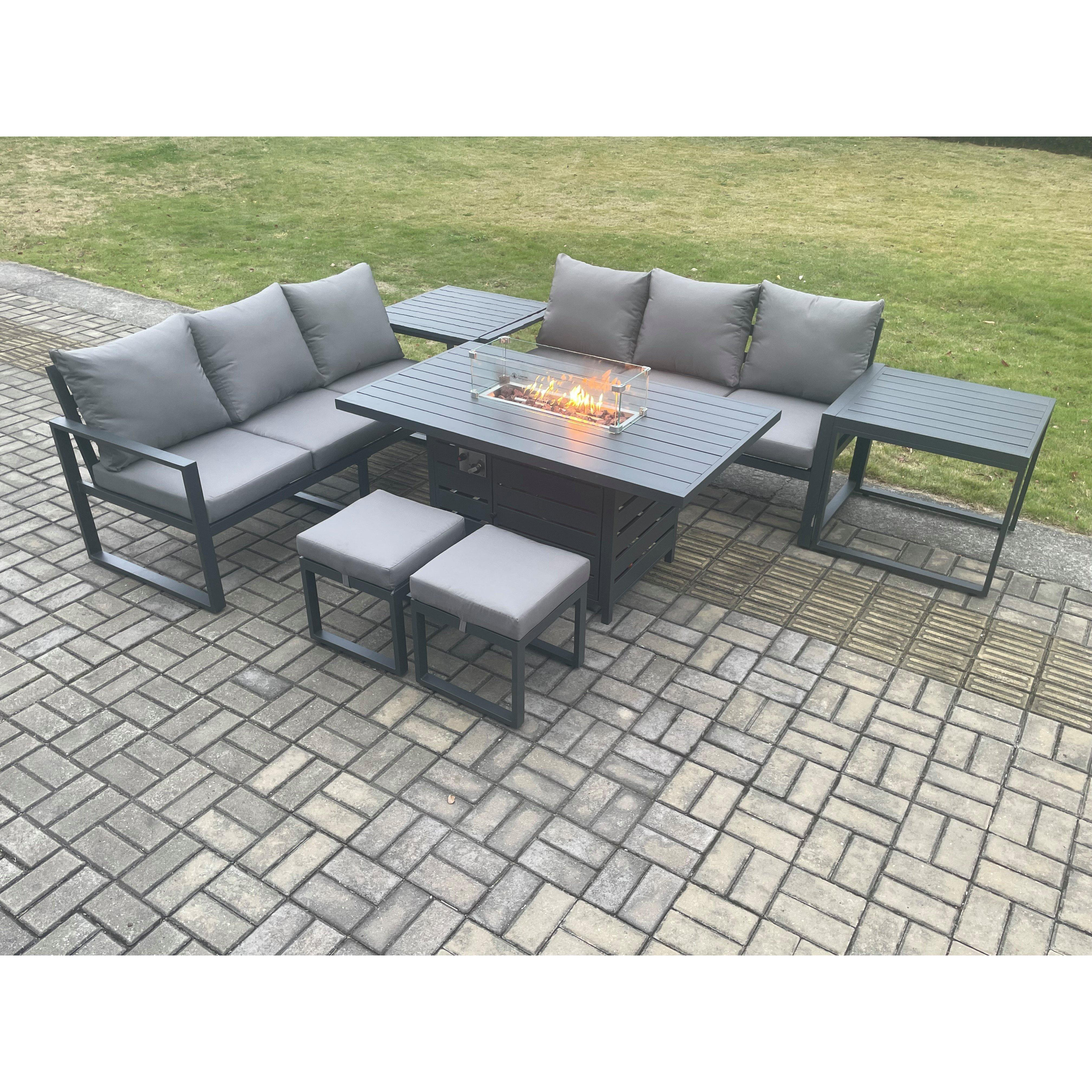 Aluminium 8 Seater Outdoor Garden Furniture Lounge Sofa Set Gas Fire Pit Dining Table with 2 Small Footstools 2 Side Tables Dark Grey - image 1