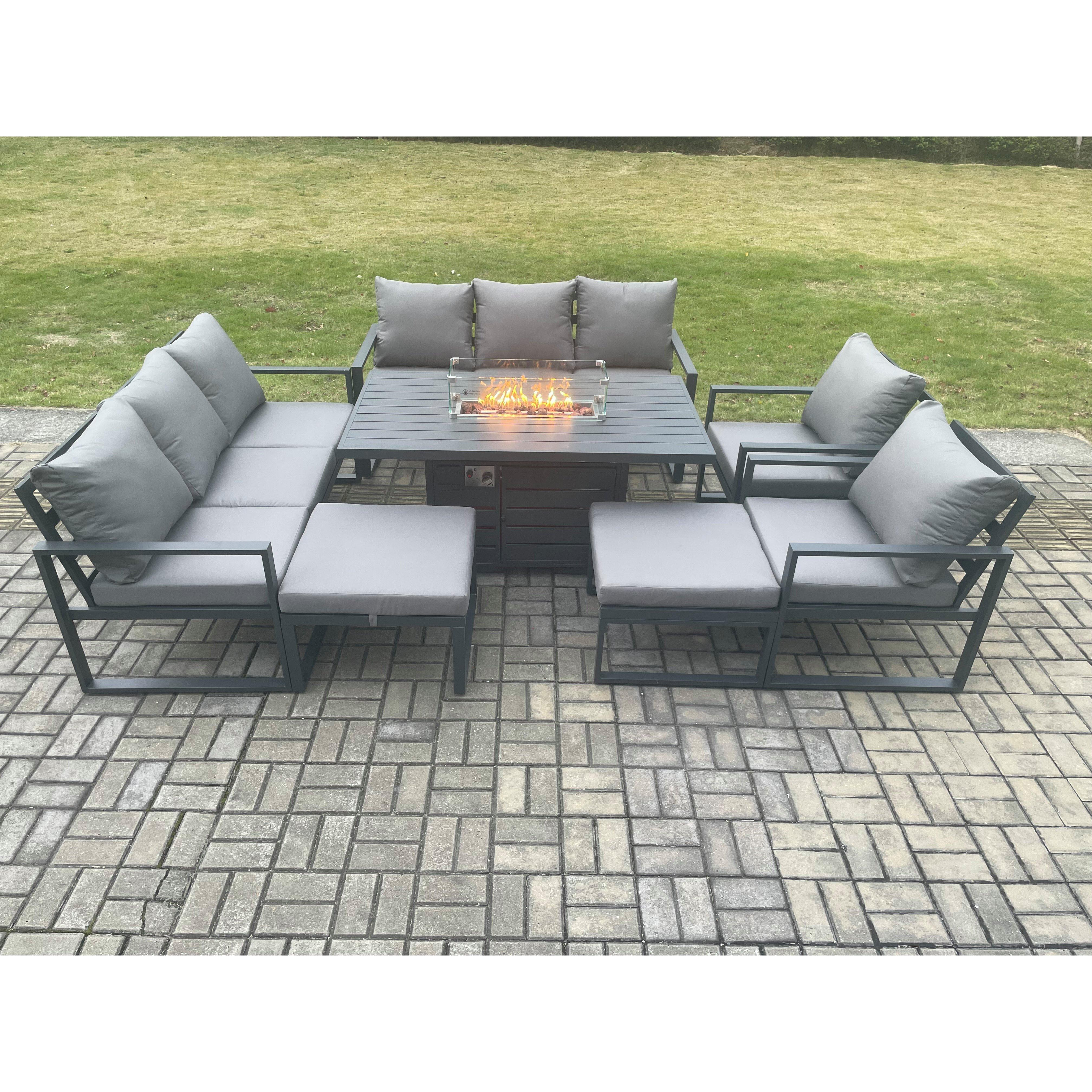 Aluminium Outdoor Garden Furniture Set Patio Lounge Sofa Gas Fire Pit Dining Table Set with 2 Big Footstools Dark Grey - image 1