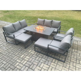 Aluminium Outdoor Garden Furniture Set Patio Lounge Sofa Gas Fire Pit Dining Table Set with 2 Big Footstools Dark Grey - thumbnail 2