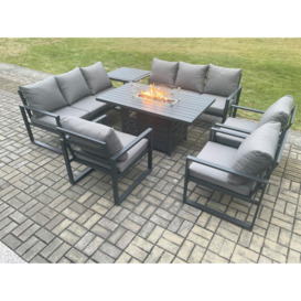 Aluminium Garden Furniture Outdoor Set Patio Lounge Sofa Gas Fire Pit Dining Table Set with 3 Armchair Side Table Dark Grey